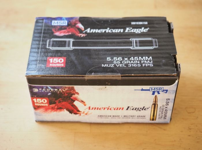 150 round box of Federal 5.56x45mm 55 gr FMJ