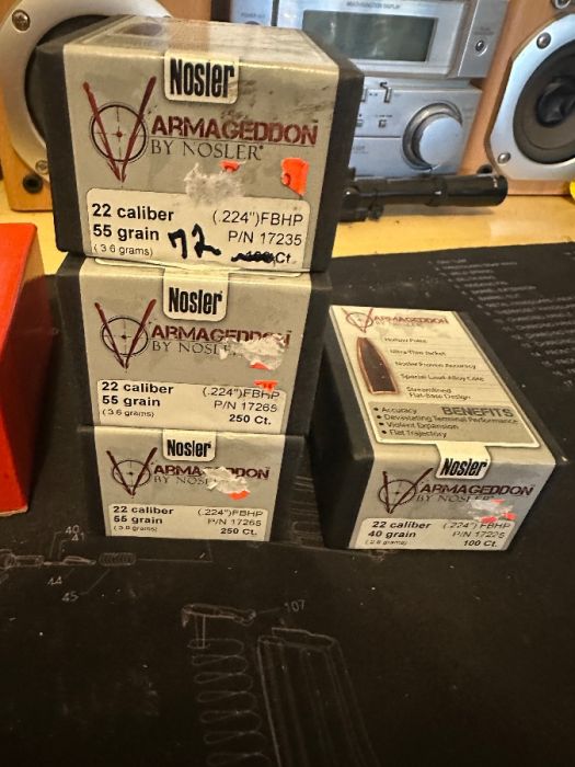 Over 1000 22 cal .223 bullets Nosler, V-Max Sierra