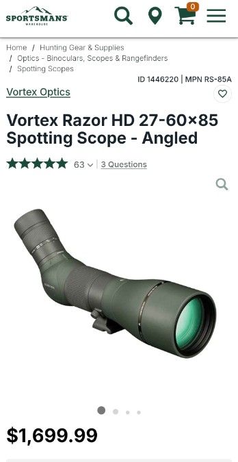 Vortex Razor HD Angled Spotting Scope, 27-60X85