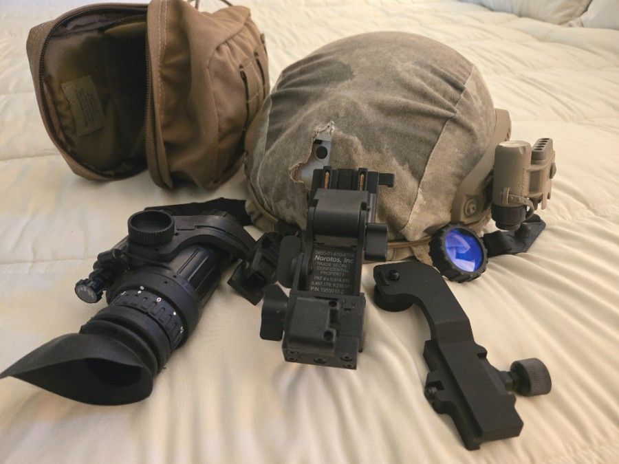 night goggle, kevlar helmet, padded bag