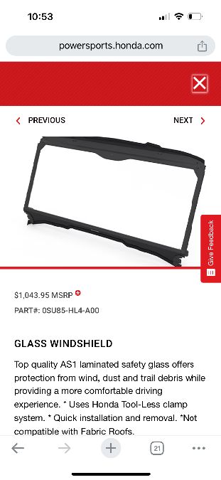 Honda Pioneer 1000-5 Glass Windshield 