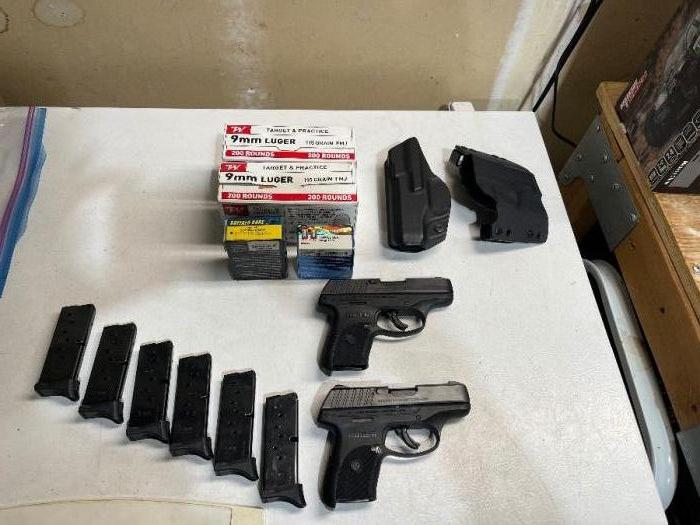 2 Ruger EC9s 9mm pistols with holsters and ammunit