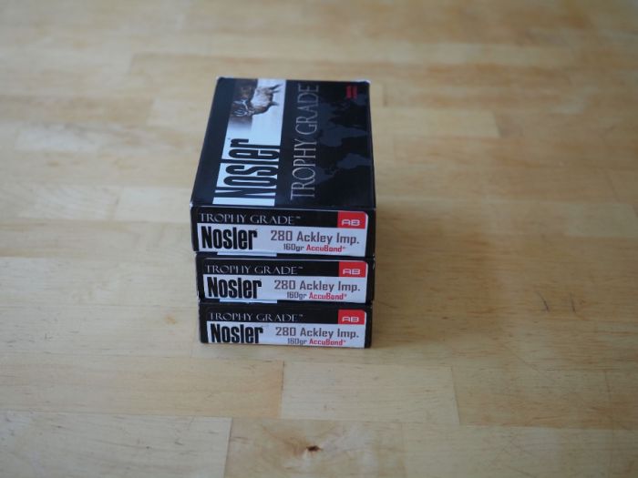 Three boxes of Nosler 280 AI 160 gr Accubond