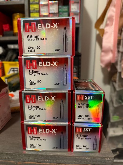 143 gr 6.5 mm Hornady Eldx and 123 gr 6.5 SST