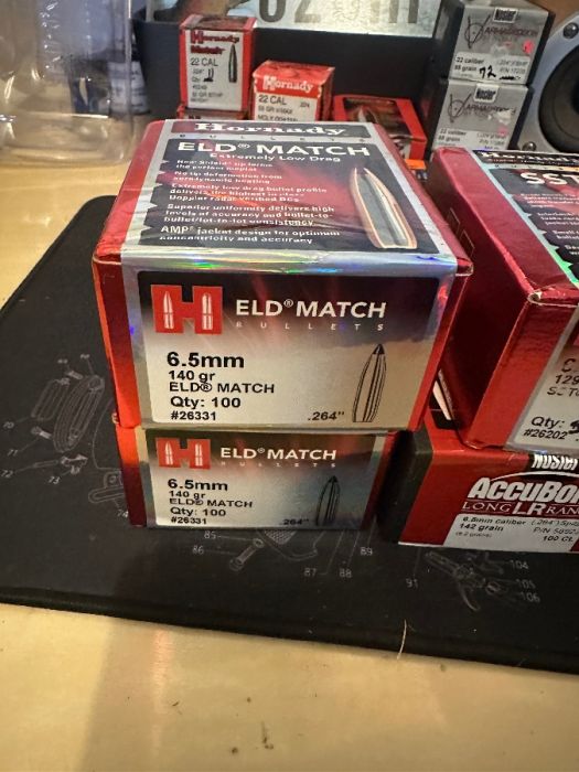 6.5mm Eld match, SST,  Nosler, Barnes bullets